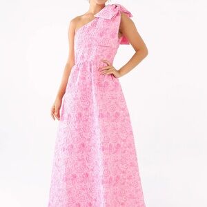 Caroline Gown Pink Bubble Jacquard One Shoulder Pocketed A-Line Gown